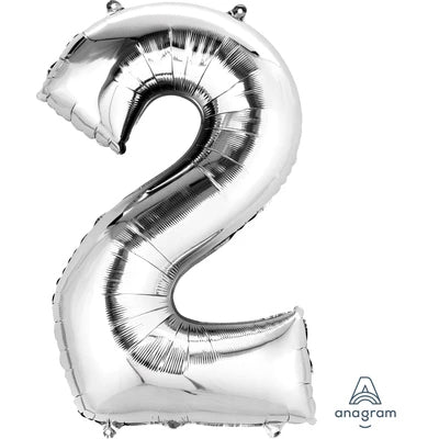 34" Giant Foil Number Balloon | - 2 - Sliver | Helium Is Included.