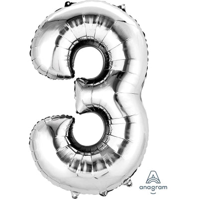 34" Giant Foil Number Balloon | - 3 - Sliver | Helium Is Included.