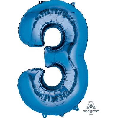 34" Giant Foil Number Balloon | - 3 - Blue | Helium Is Included.