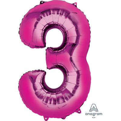 34" Giant Foil Number Balloon | - 3 - Pink | Helium Is Included.