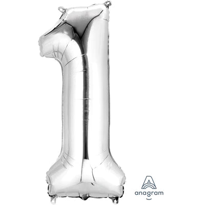 34" Giant Foil Number Balloon | - 1 - Sliver | Helium Is Included.