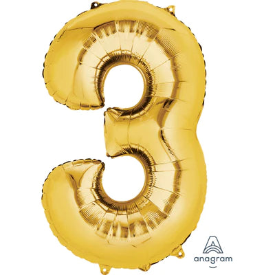 34" Giant Foil Number Balloon | - 3 - Gold | Helium Is Included.