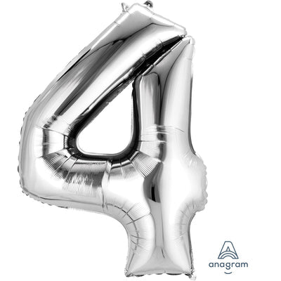 34" Giant Foil Number Balloons | - 4 - Sliver| Helium Is Included.