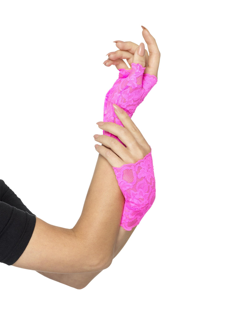 80S FINGERLESS LACE GLOVES, NEON PINK