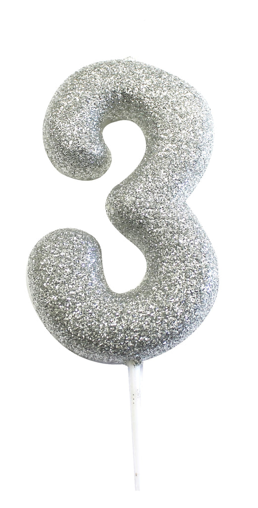 Glitter Dip Birthday Candle Number 3 - Silver