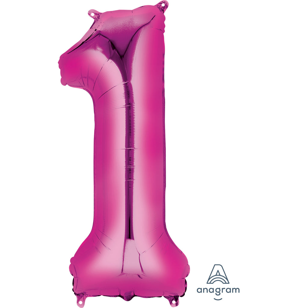 34" Giant Foil Number Balloon | - 1 - Pink | Helium Is Included.