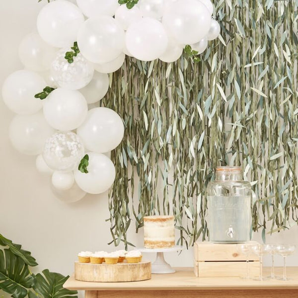 WHITE BABY SHOWER BALLOON ARCH WITH FOLIAGE