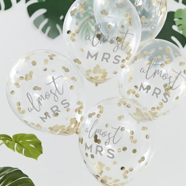 ALMOST MRS GOLD CONFETTI HEN PARTY BALLOONS