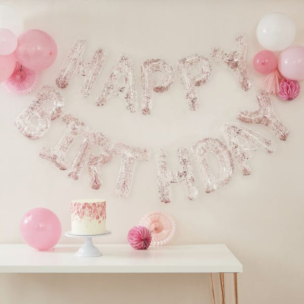 CLEAR FOIL & CONFETTI HAPPY BIRTHDAY BALLOONS BANNER