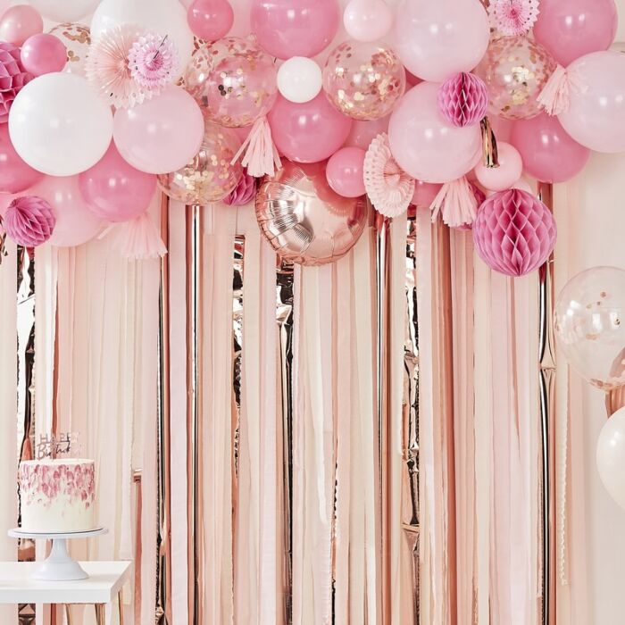 BLUSH AND PEACH BALLOON AND FAN GARLAND PARTY BACKDROP