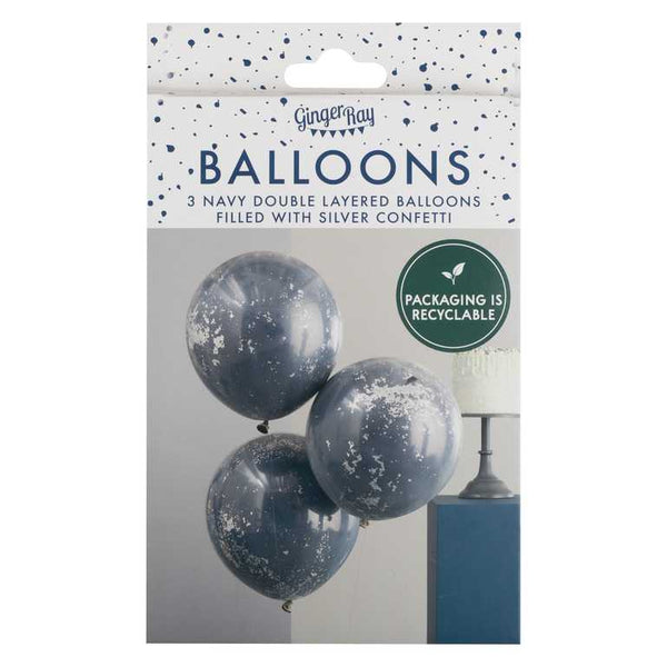 Double Layered Navy and Silver Confetti Balloon Bundle. Helium is included.