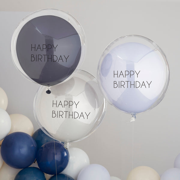 Blue & Grey Double Layered Happy Birthday Balloon Bundle. Helium is included.