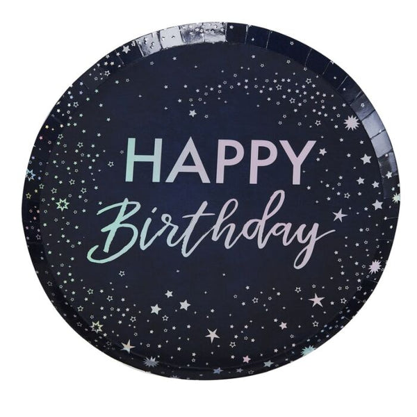 IRIDESCENT FOILED HAPPY BIRTHDAY PAPER PLATES